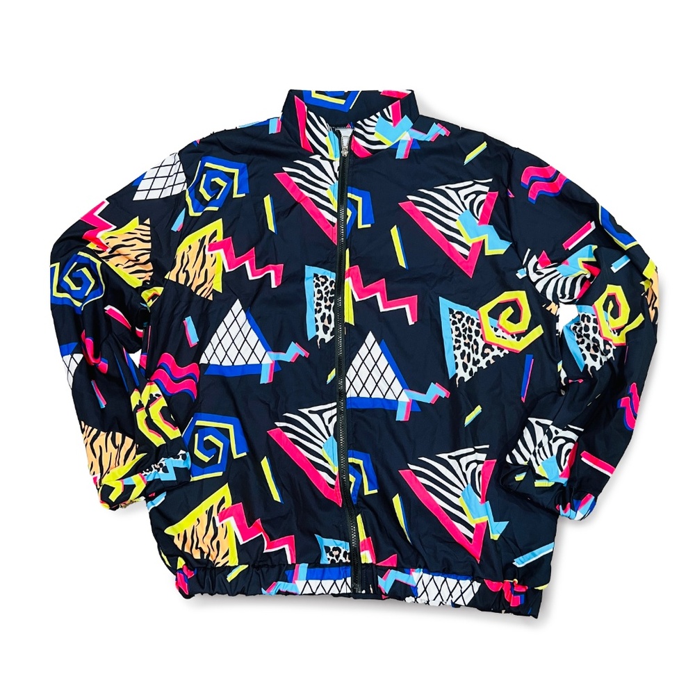 Memphis Patterned bomber jacket Size 2XL 80s 90s zip up colorful vivid geometric
